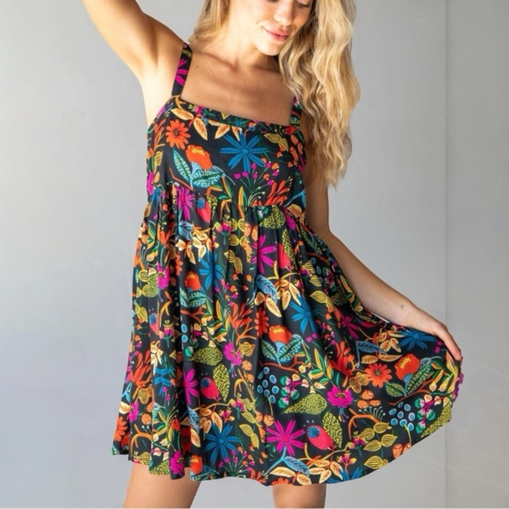 Natural Life Patti Mini Dress Black Neon Floral Flowy Loose Boho Feminine NWT XS